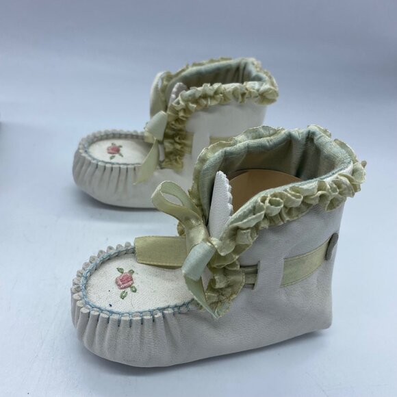 Vtg 1960s Baby Shoes Moccasins Soft Leather Hand-Embroidered Floral Design - Picture 9 of 9